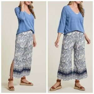 Tribal Wide Leg Split Hem Elegant Blue Floral Ombre Print Viscose Pants Size L